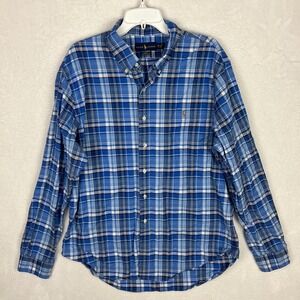 Ralph Lauren Blue Button Down Shirt Mens 2XL Flesh Pony Plaid Long Sleeve Slim
